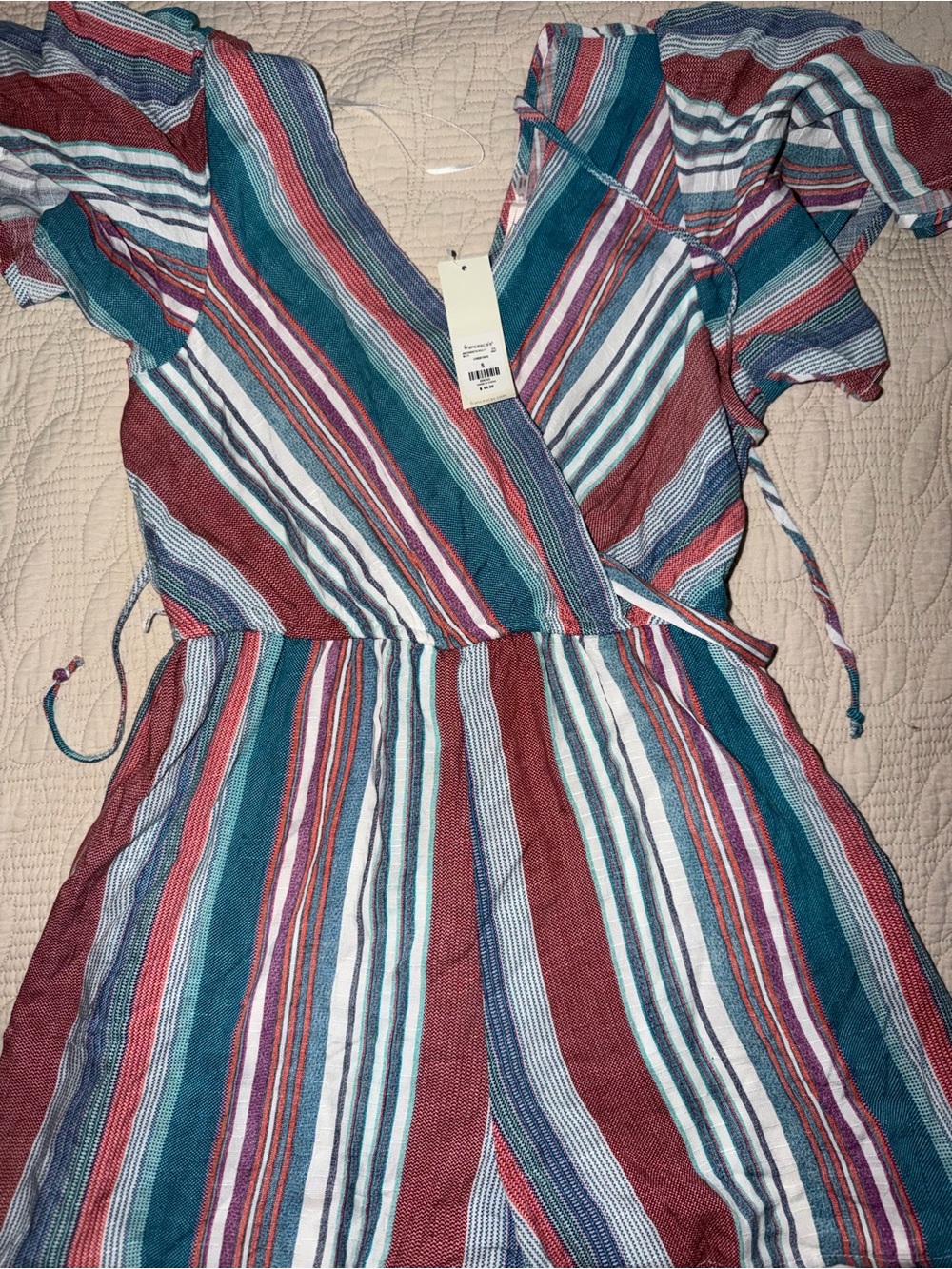 Francesca's Multicolor Striped Wrap Dress in Teal, Rust & White